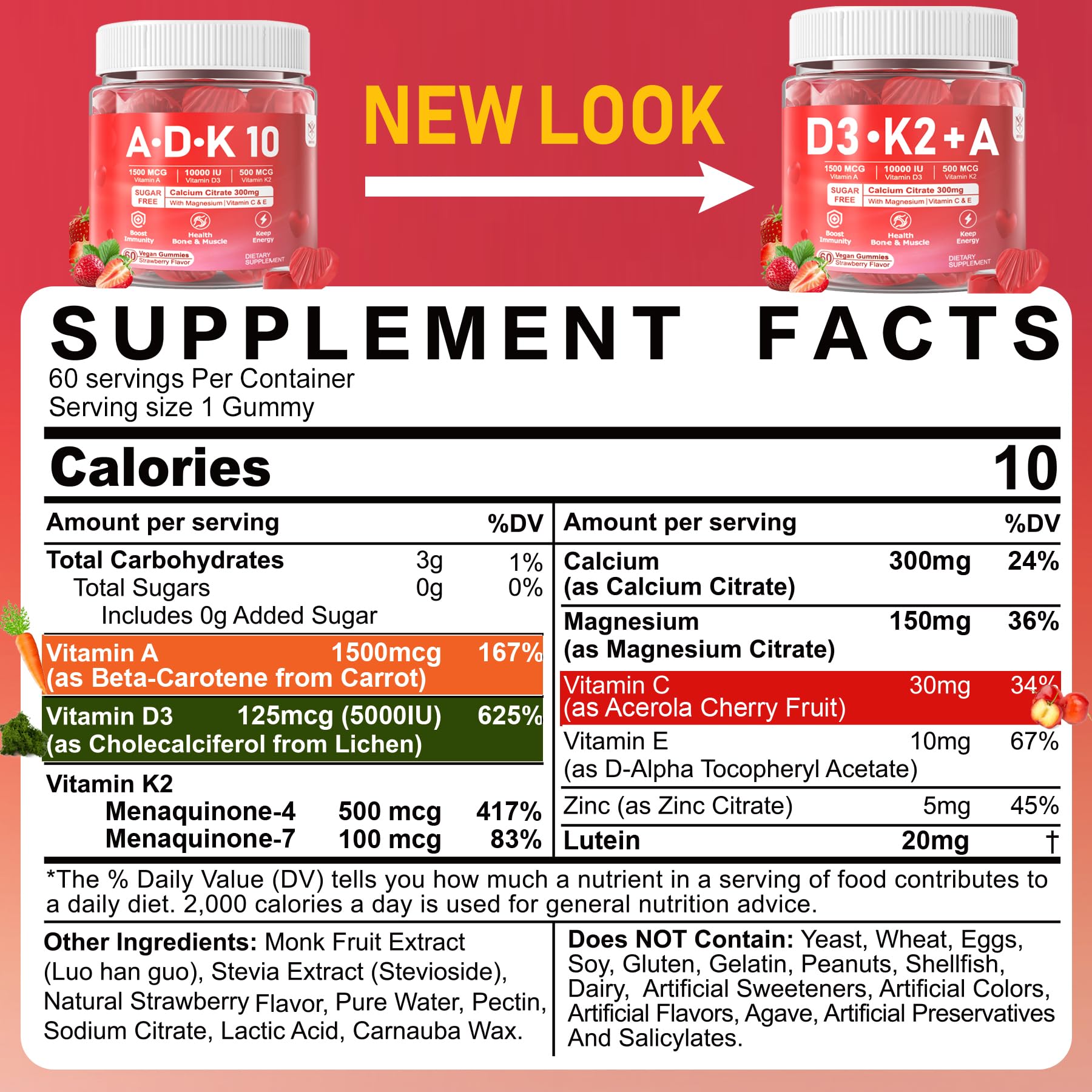 Gummies and label highlighting D3 and K2 ingredients