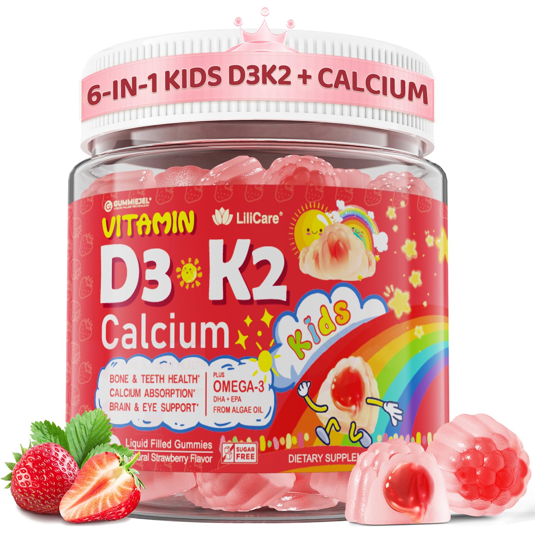 Bottle and label of Vitamin D3 K2 + Calcium liquid-filled gummies for kids and teens