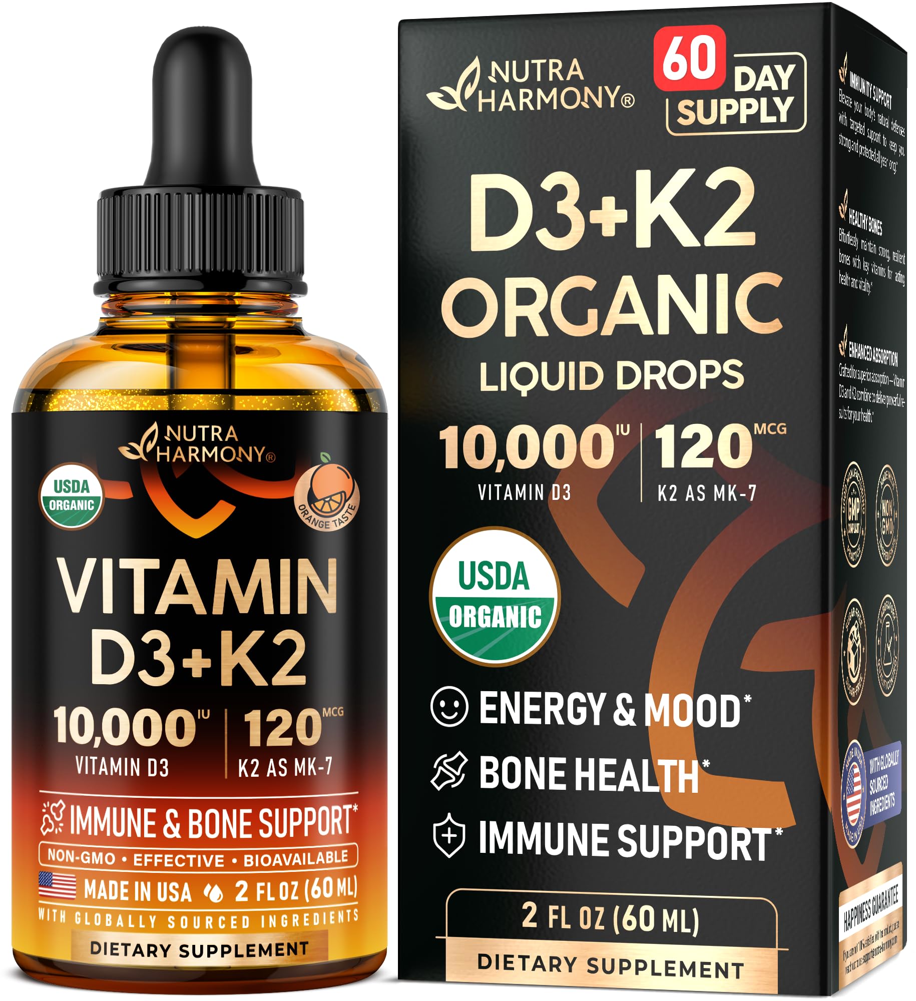 Vitamin D3 K2 Drops bottle with orange label front view