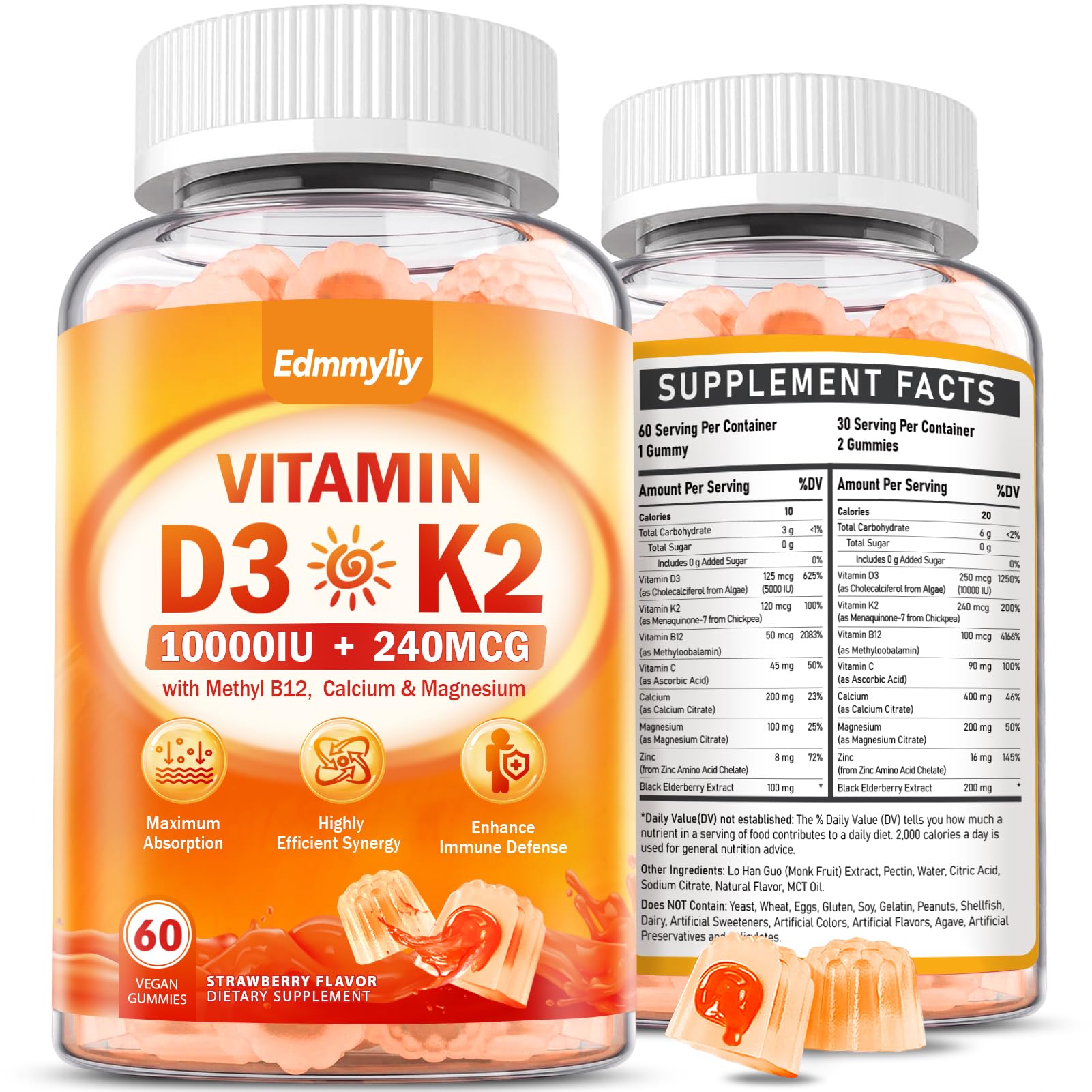 Vitamin D3 10000IU with K2 vegan sugar-free gummies bottle