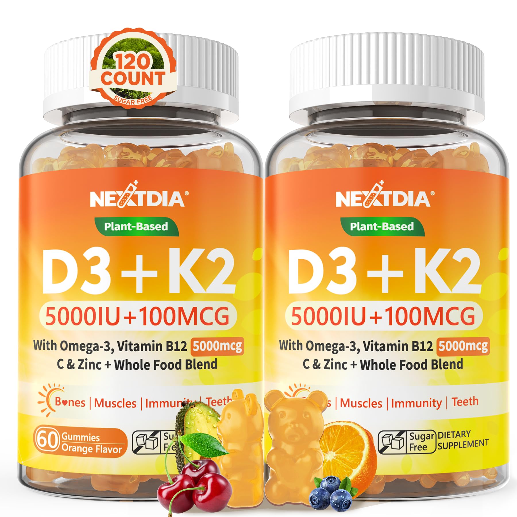 Vitamin D3 K2 gummies bottle showing 5000IU/10000IU and Omega-3 250mg