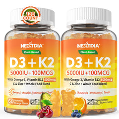 Vitamin D3 K2 gummies bottle showing 5000IU/10000IU and Omega-3 250mg