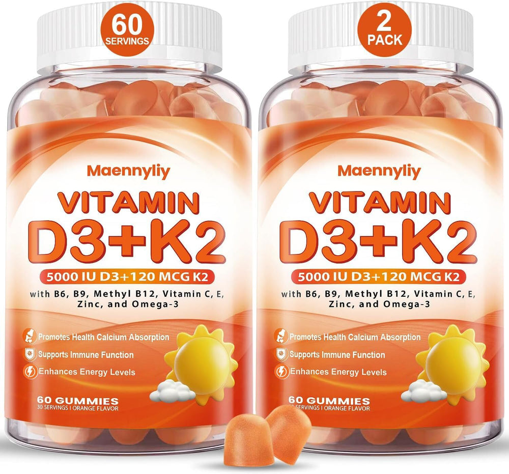 Bottle of Vitamin D3 K2 Gummies for Adults with orange-flavored gummies