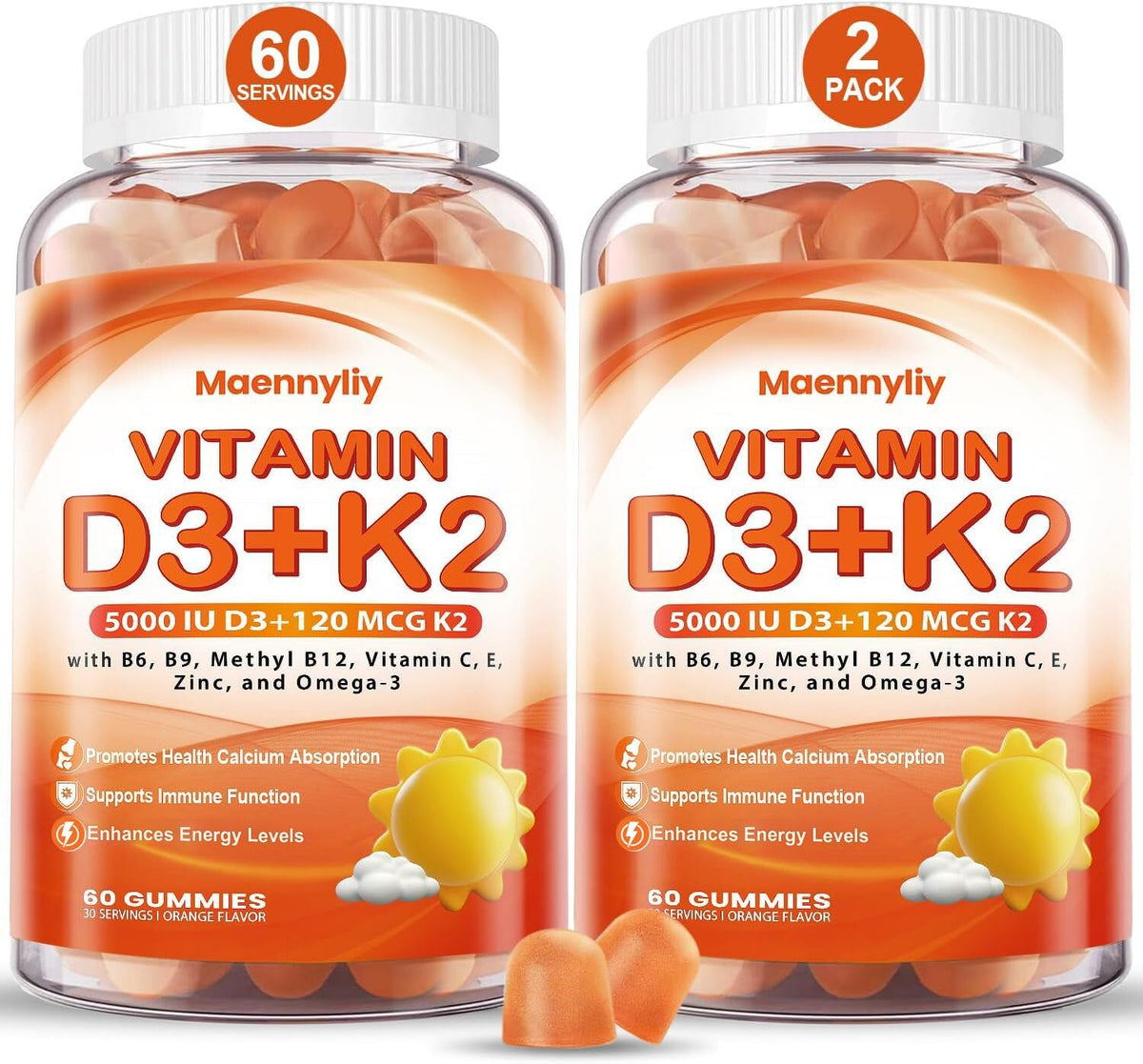 Bottle of Vitamin D3 K2 Gummies for Adults with orange-flavored gummies