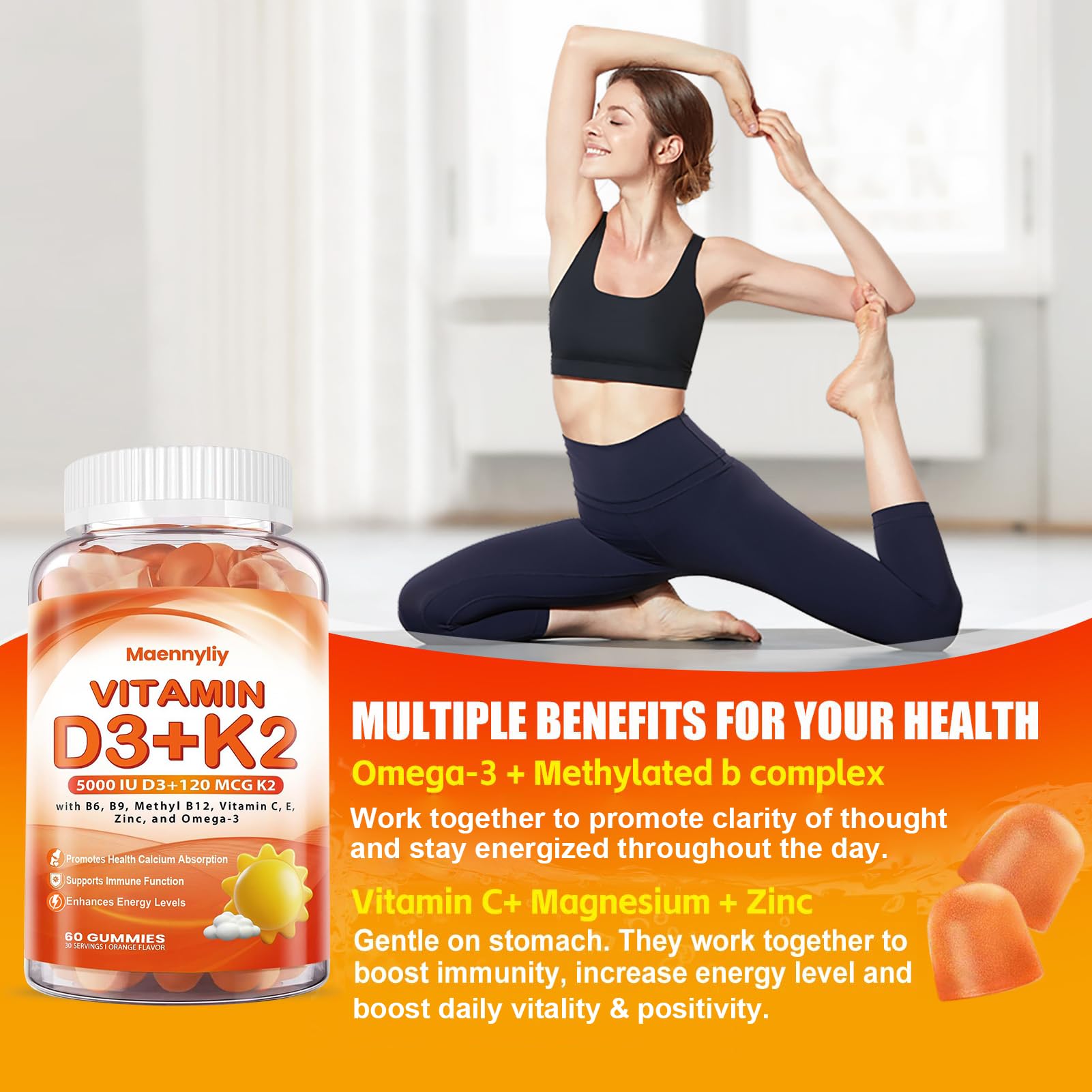 Vitamin D3 K2 gummies next to omega-3 capsules