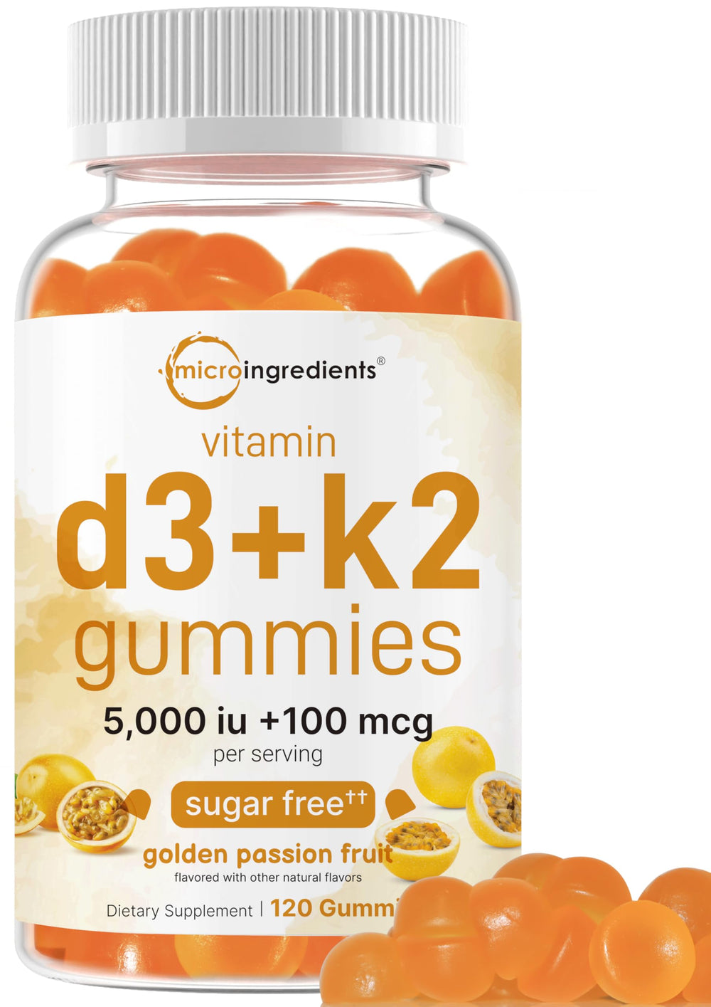 Bottle of Vitamin D3 + K2 Gummies in golden passion fruit flavor