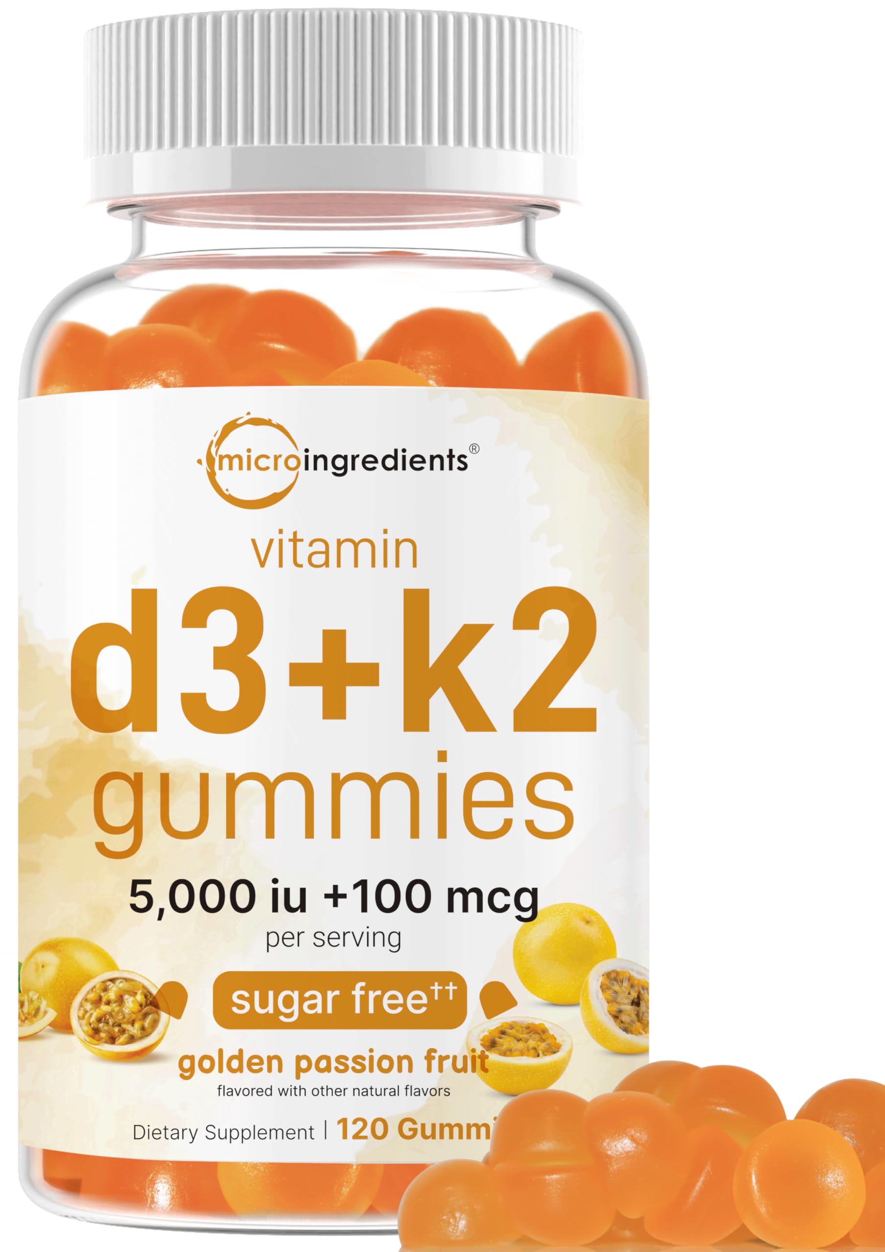 Bottle of Vitamin D3 K2 Gummies Golden Passion Fruit Flavor – 120 count