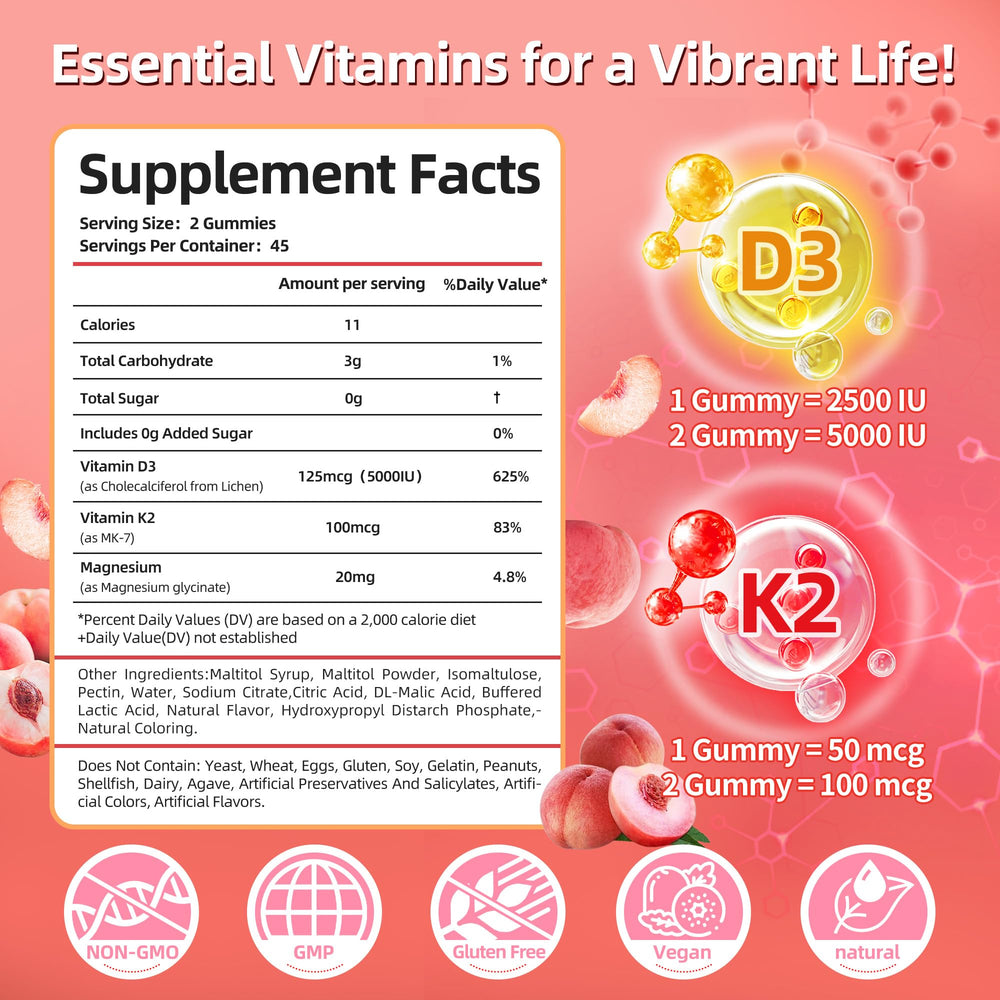 Peach-flavored Vitamin D3 K2 gummies bottle with label
