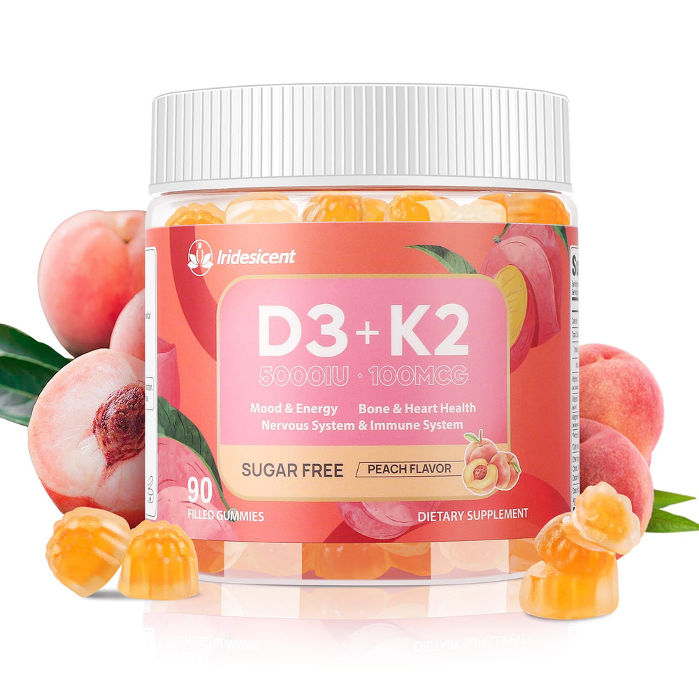 Peach-flavored Vitamin D3 K2 gummies bottle front view