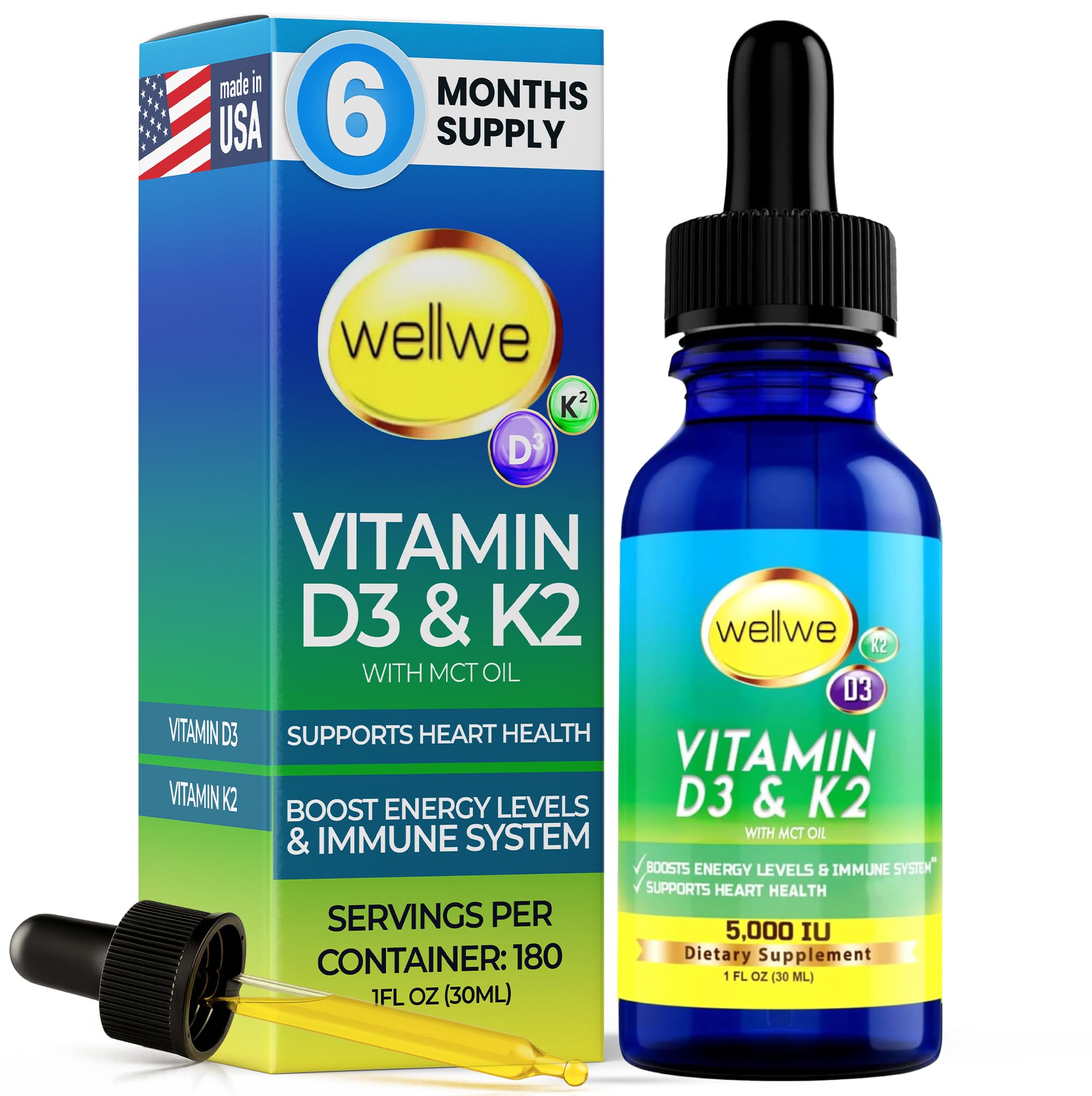 Bottle of Vitamin D3 K2 Liquid Drops with dropper