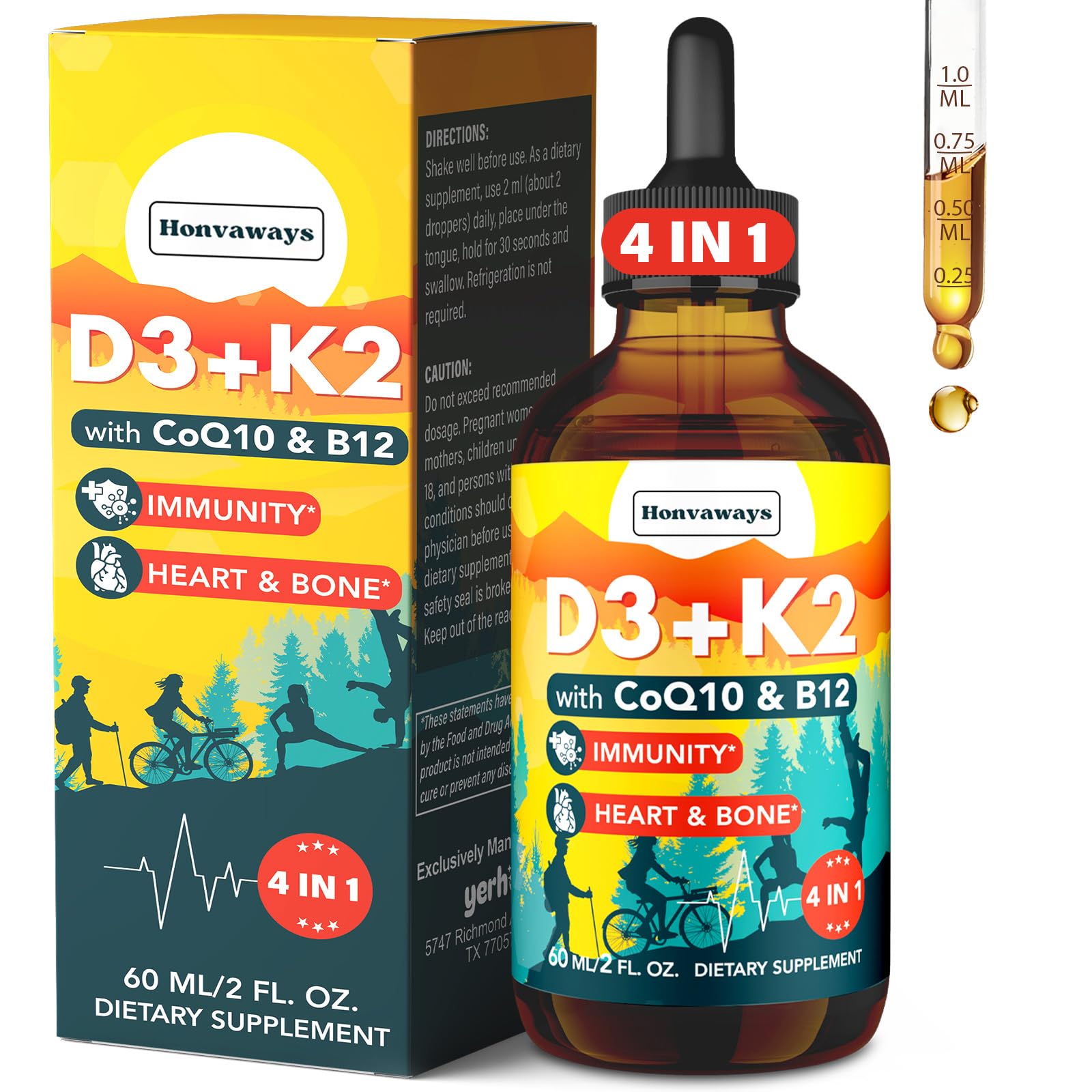 Bottle of Vitamin D3 K2 4000 IU liquid drops with CoQ10 and B12