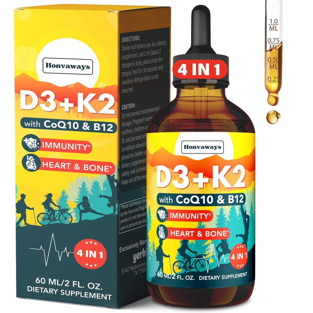 Bottle of Vitamin D3 K2 4000 IU liquid drops with CoQ10 and B12