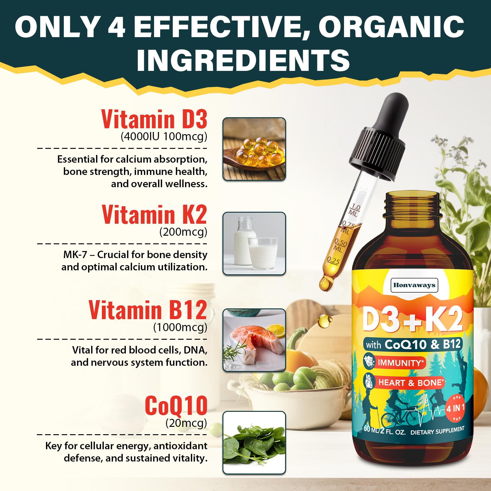 Ingredients panel showing Vitamin D3, K2 MK-7, CoQ10 and B12