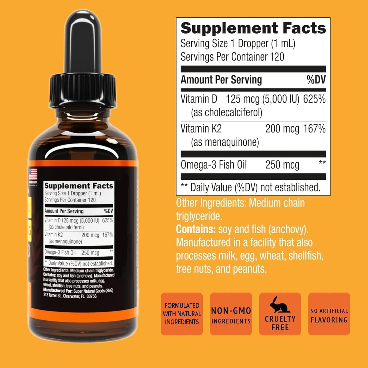 Full packaging of Vitamin D3 K2 Liquid Drops 5000 IU (4 oz)