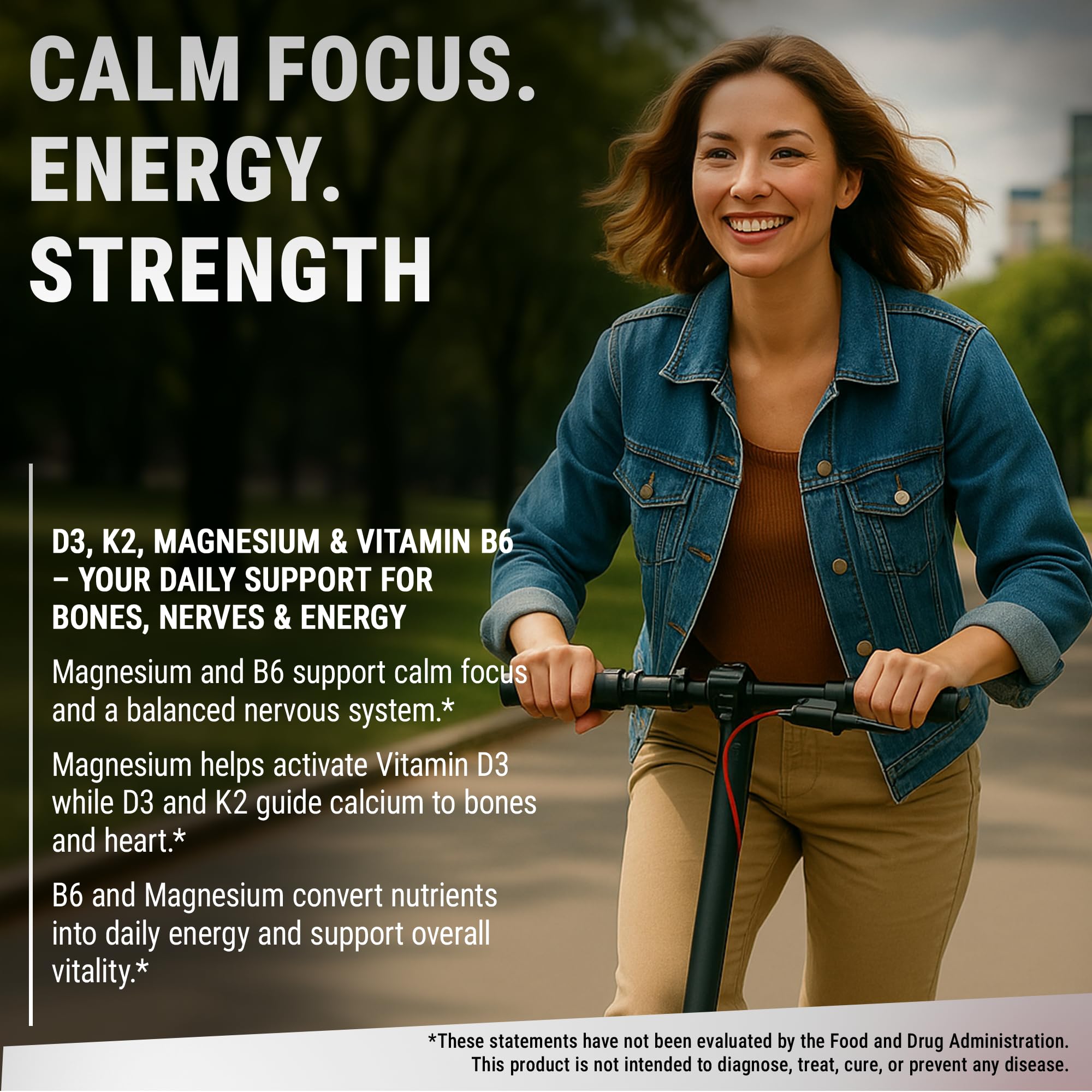 Front view of vegan non-GMO D3 K2 Magnesium supplement bottle