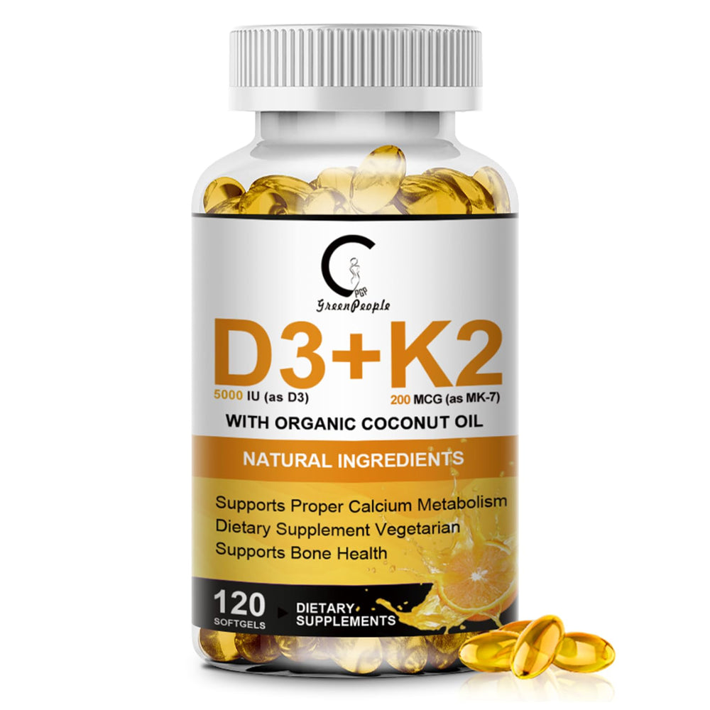 Bottle of Vitamin D3 K2 softgels with label