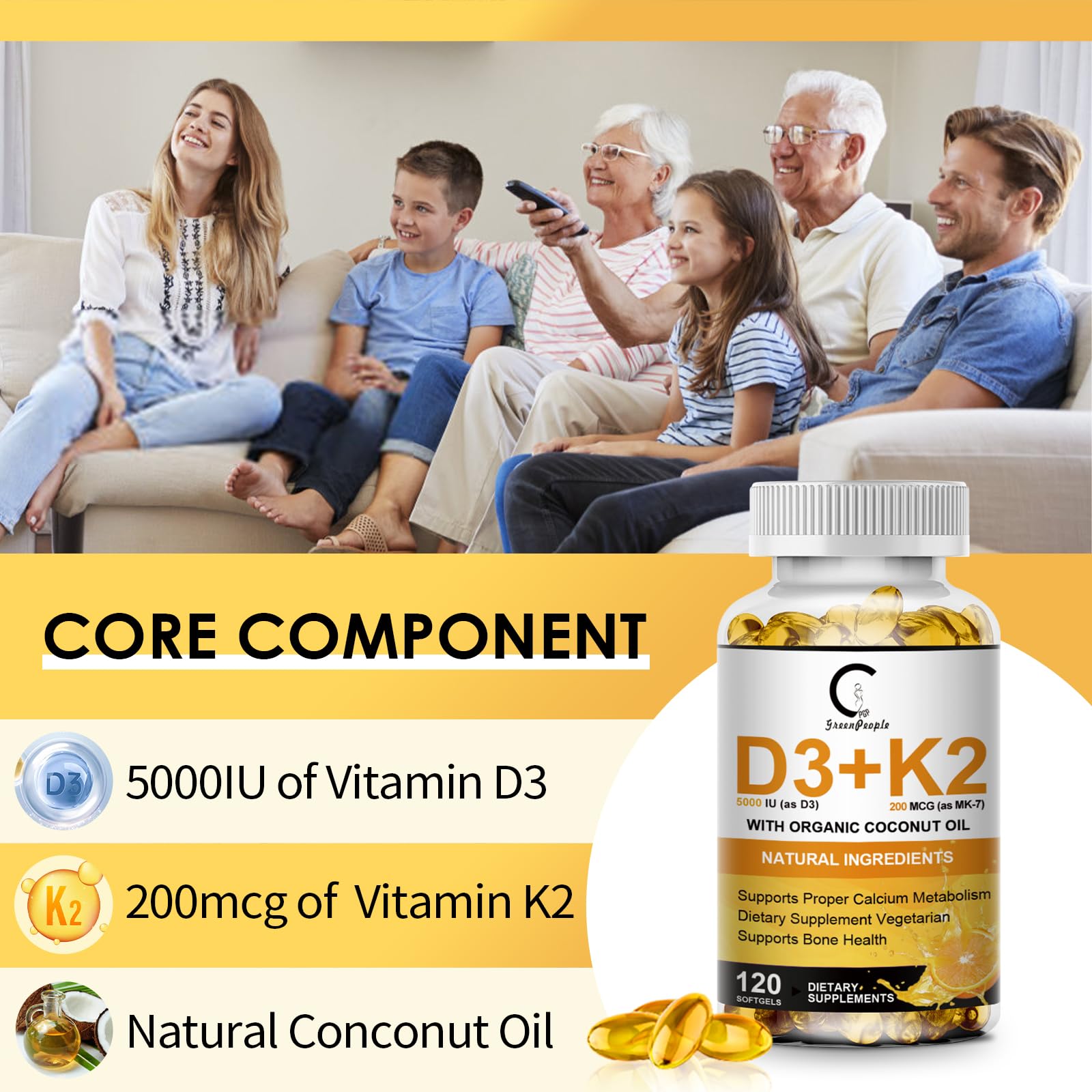 Packaging box and bottle of Vitamin D3 K2 supplement