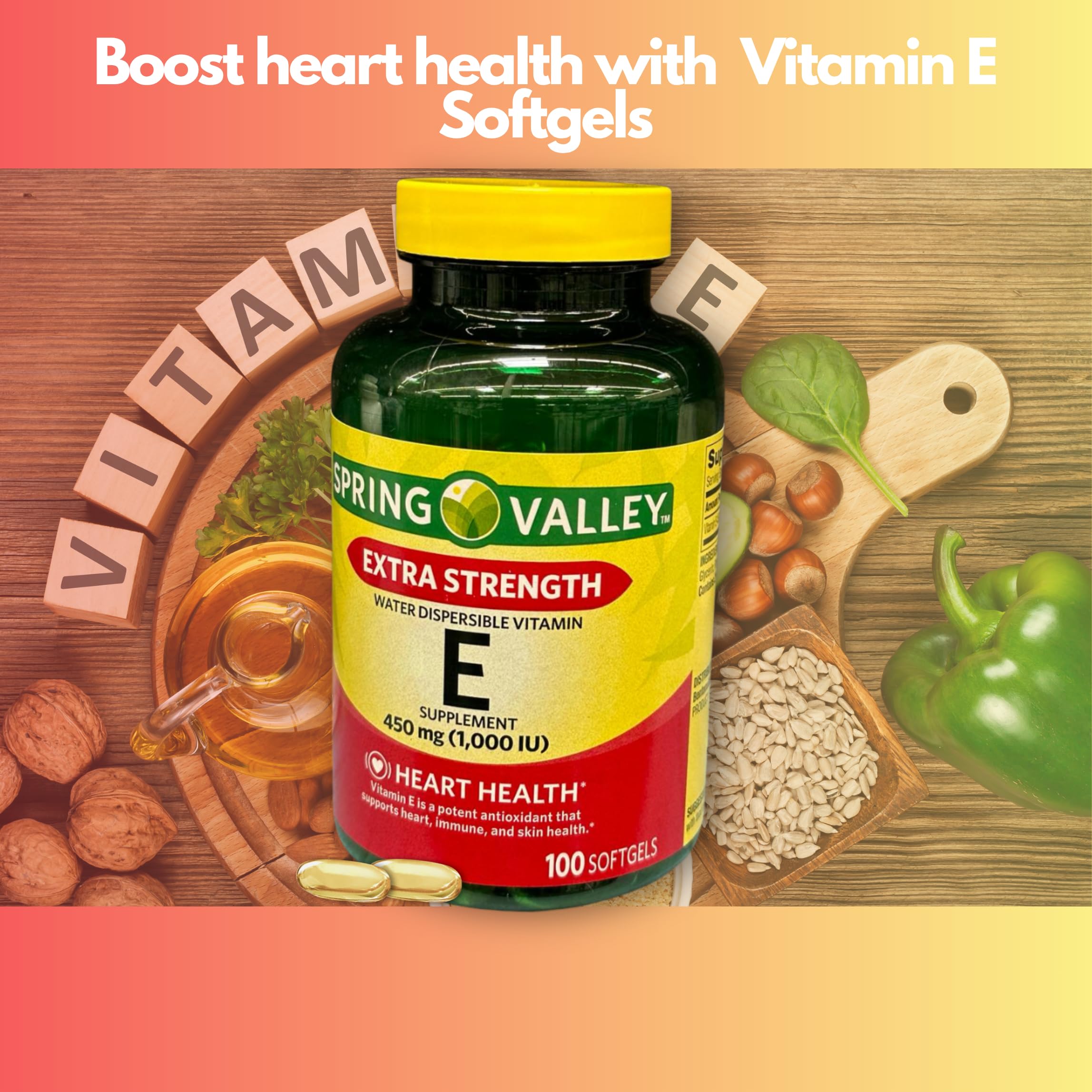 Bottle of Vitamin E 1000 IU softgels with 100-count supply