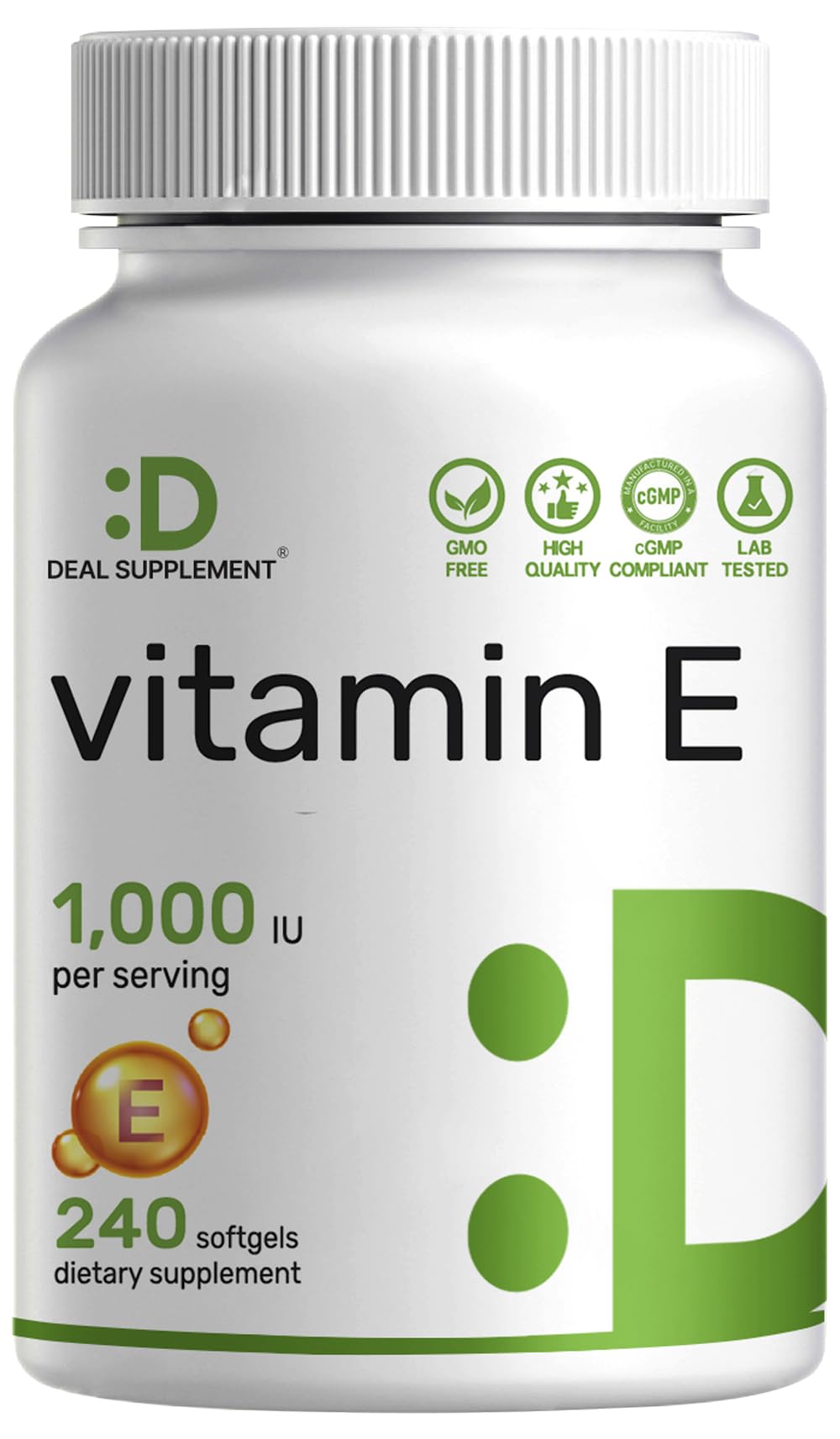 Vitamin E supplements bottle displaying 240 softgels
