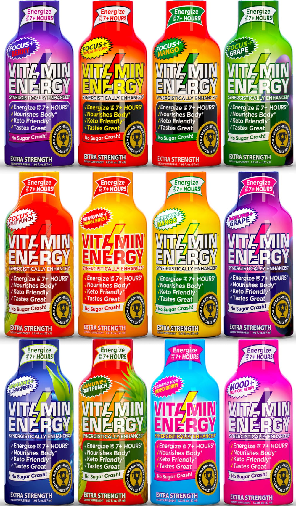 Vitamin Energy 260mg natural caffeine bottle highlighting sustained energy and focus.