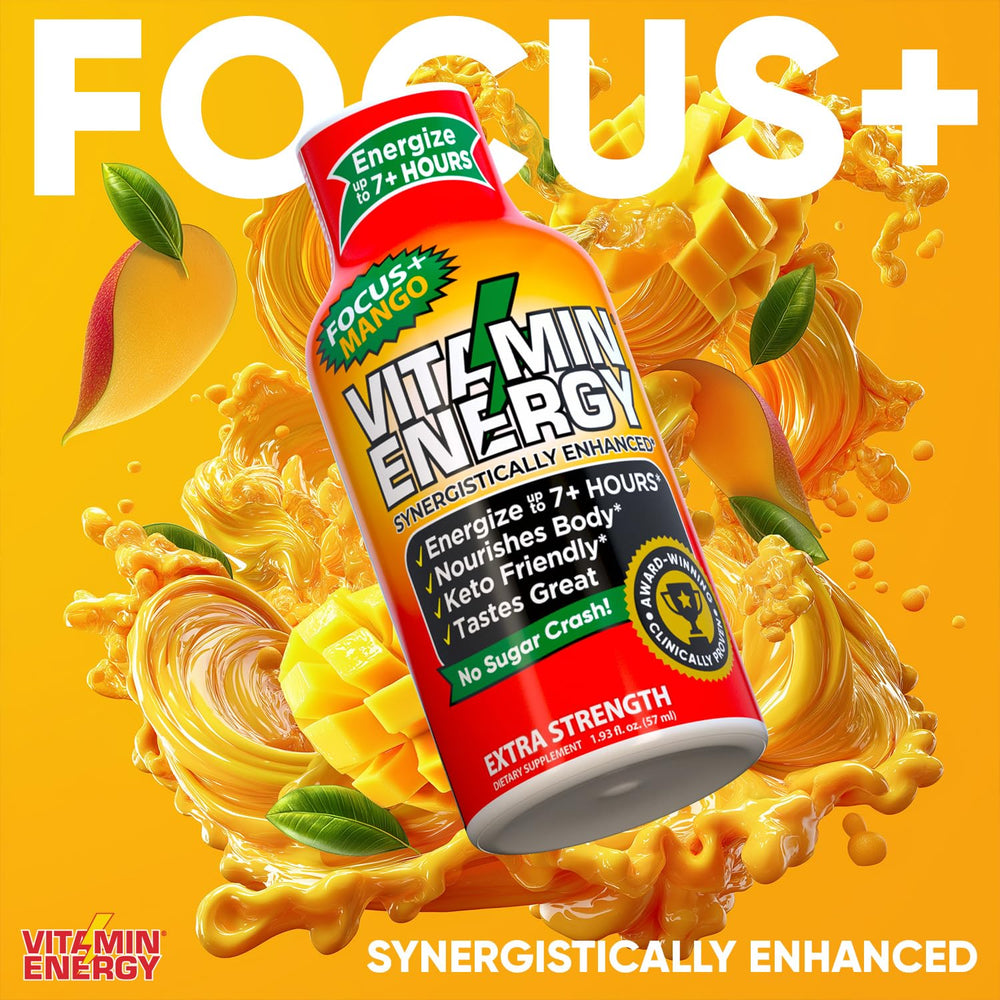 Vitamin Energy Focus Mango bottle features CoQ10 and amino acids for focus.