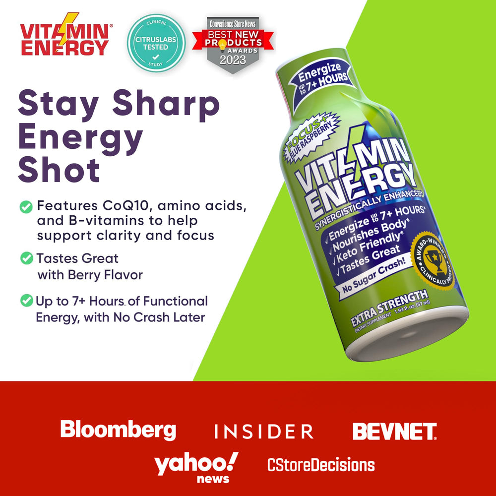 Close-up of Vitamin Energy shot showing caffeine flow powering focus