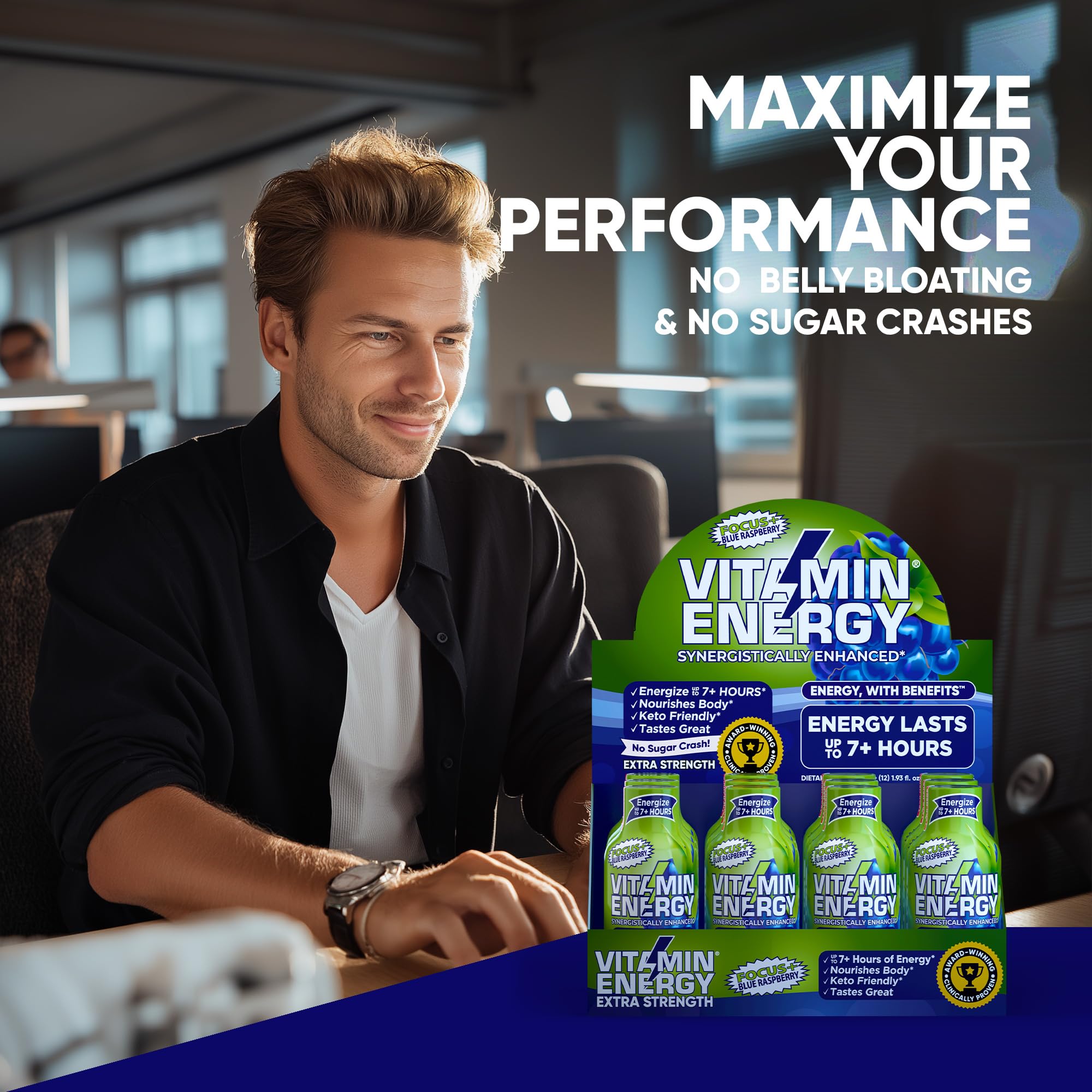 Vitamin Energy shot on a desk setup for work focus