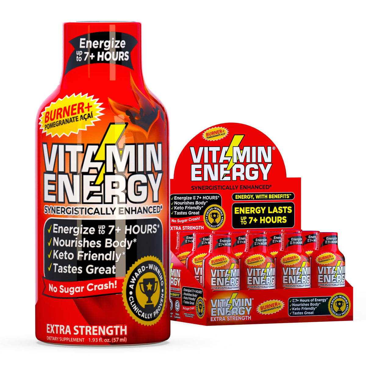 Vitamin Energy Burner+ Extra Strength Shot packaging for Pomegranate Acai 12-pack