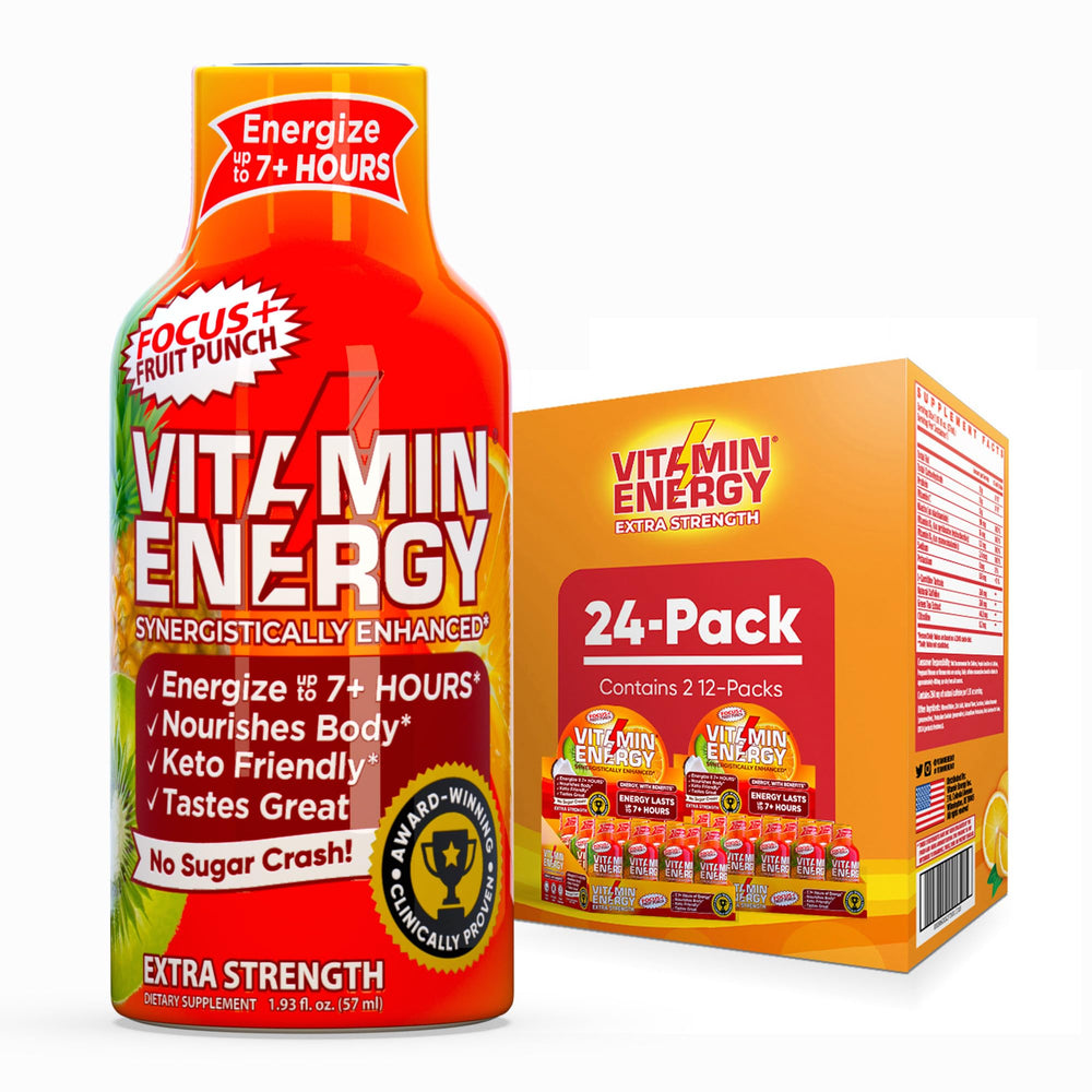 Vitamin Energy Focus+ fruit punch bottle ready for a quick focus boost
