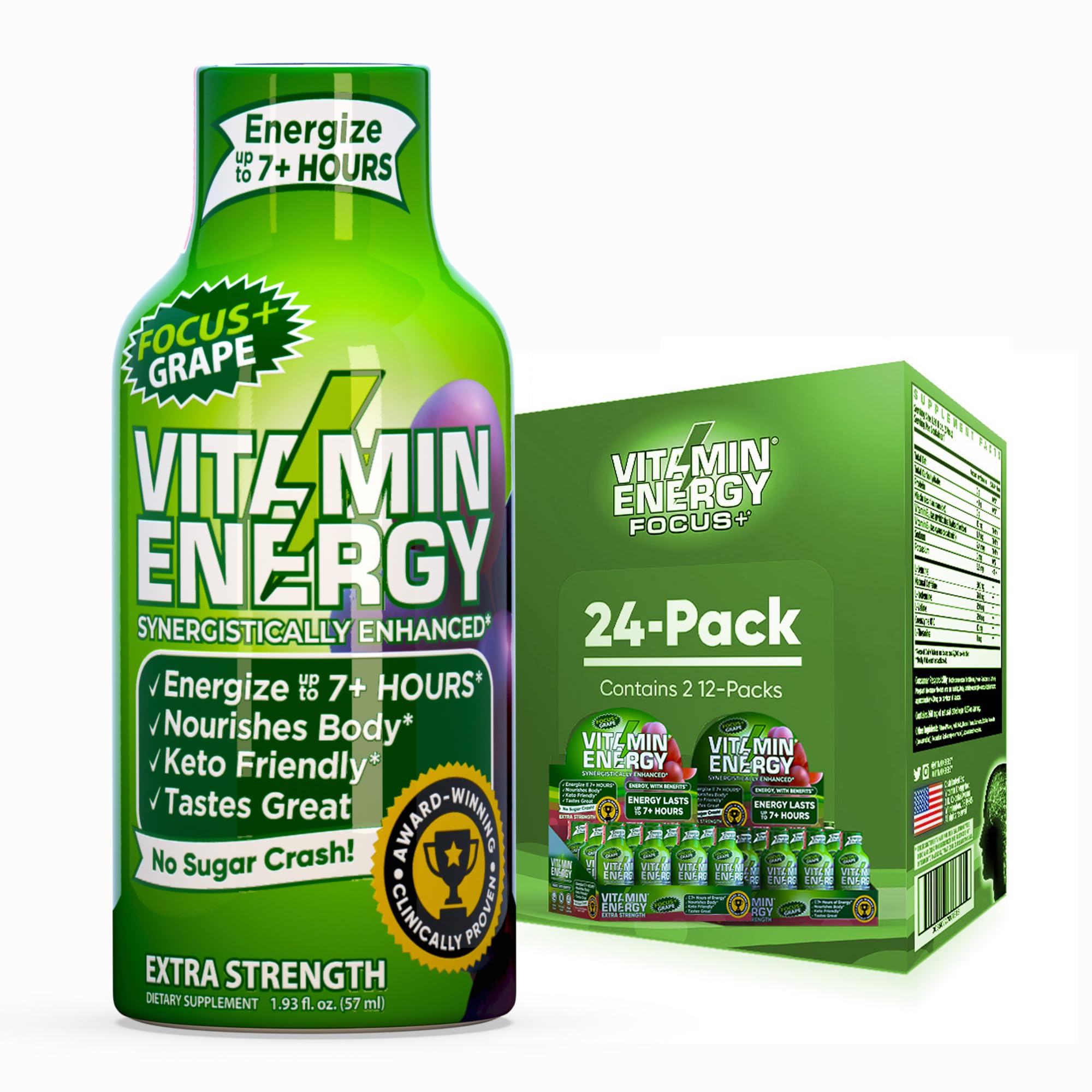 Vitamin Energy Focus+ grape shot bottle for steady focus sessions