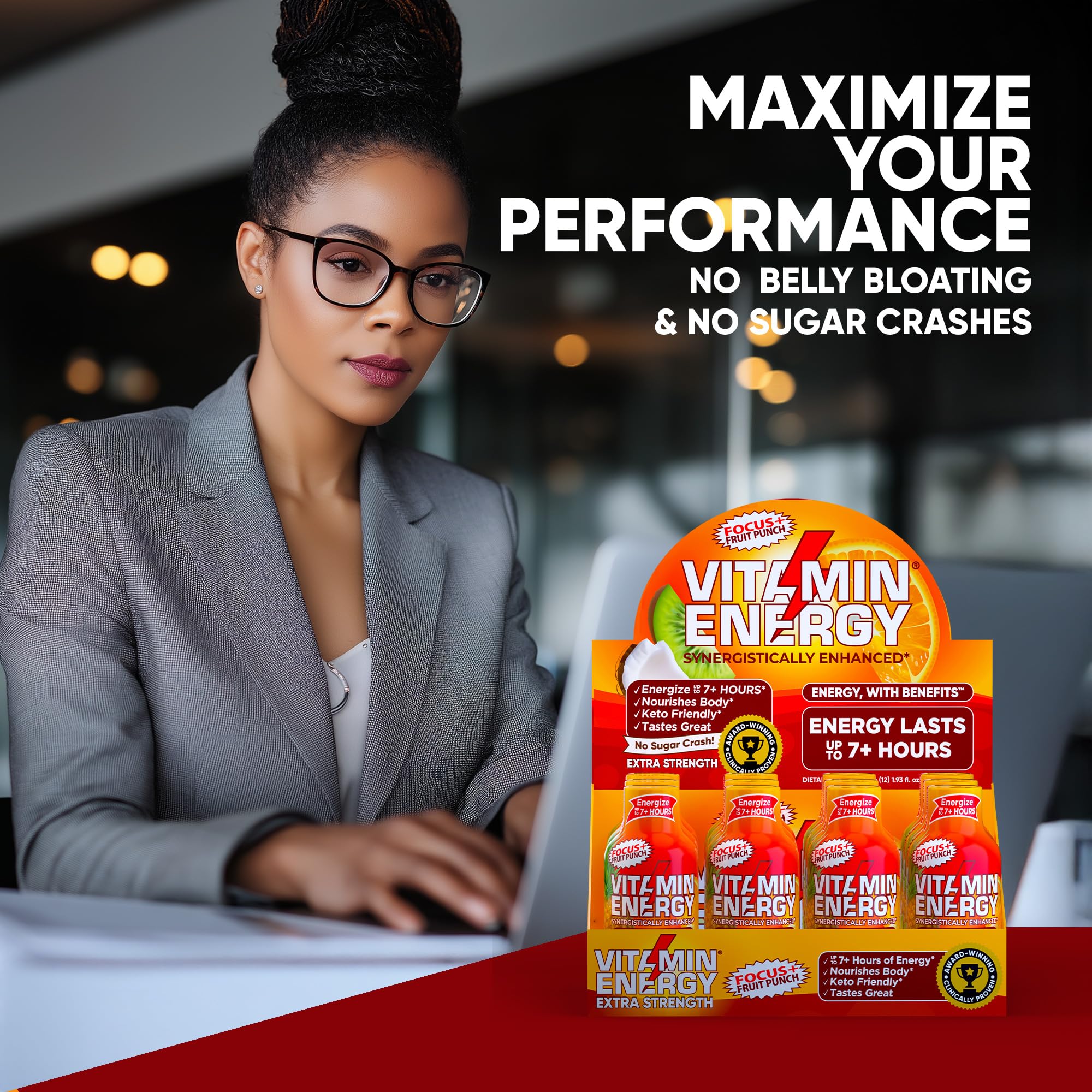 Vitamin Energy Focus+ glass with shots suggesting portable productivity