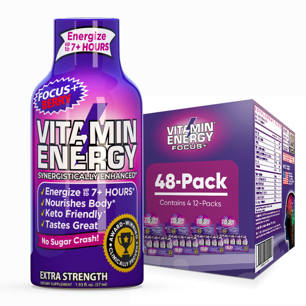 Vitamin Energy Focus+ Berry bottle for quick focus during a busy workday