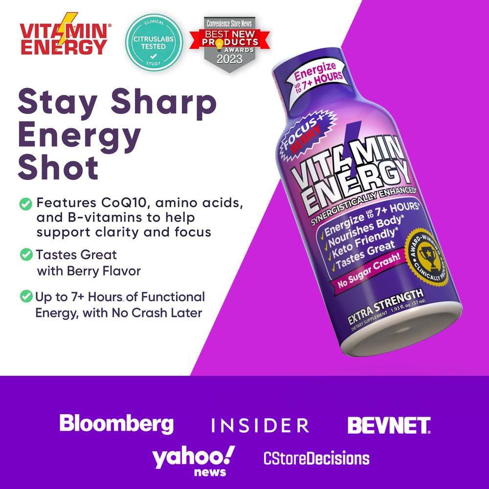 Vitamin Energy Focus+ Berry glass shows the shot ready to sip before a meeting