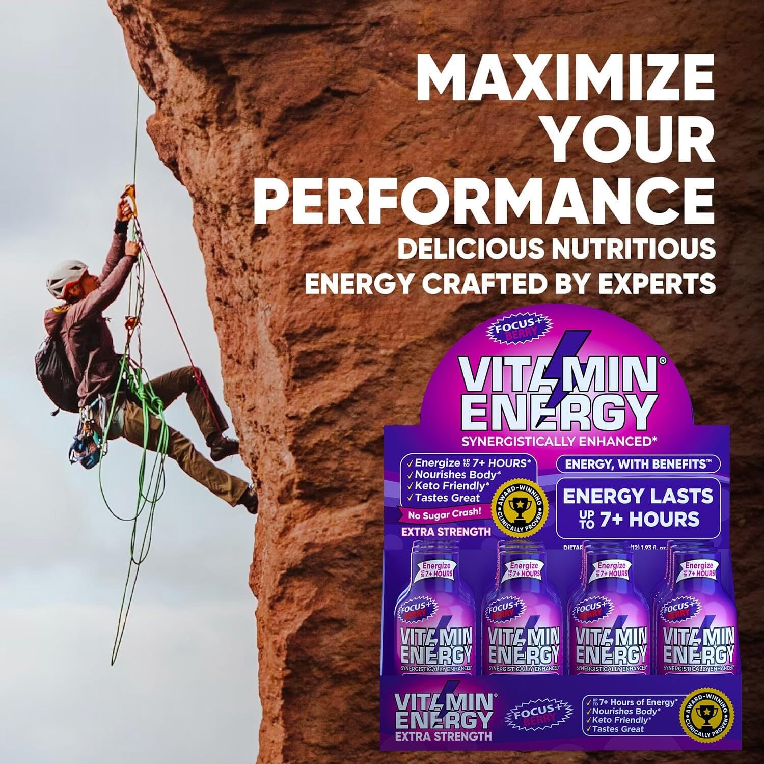 Vitamin Energy Focus+ Berry kitchen scene suggests quick pick-me-up between errands
