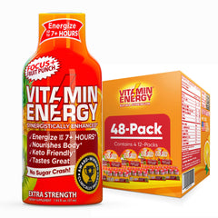 Vitamin Energy Focus+ Shot fruit punch bottle front offers a steady energy boost.