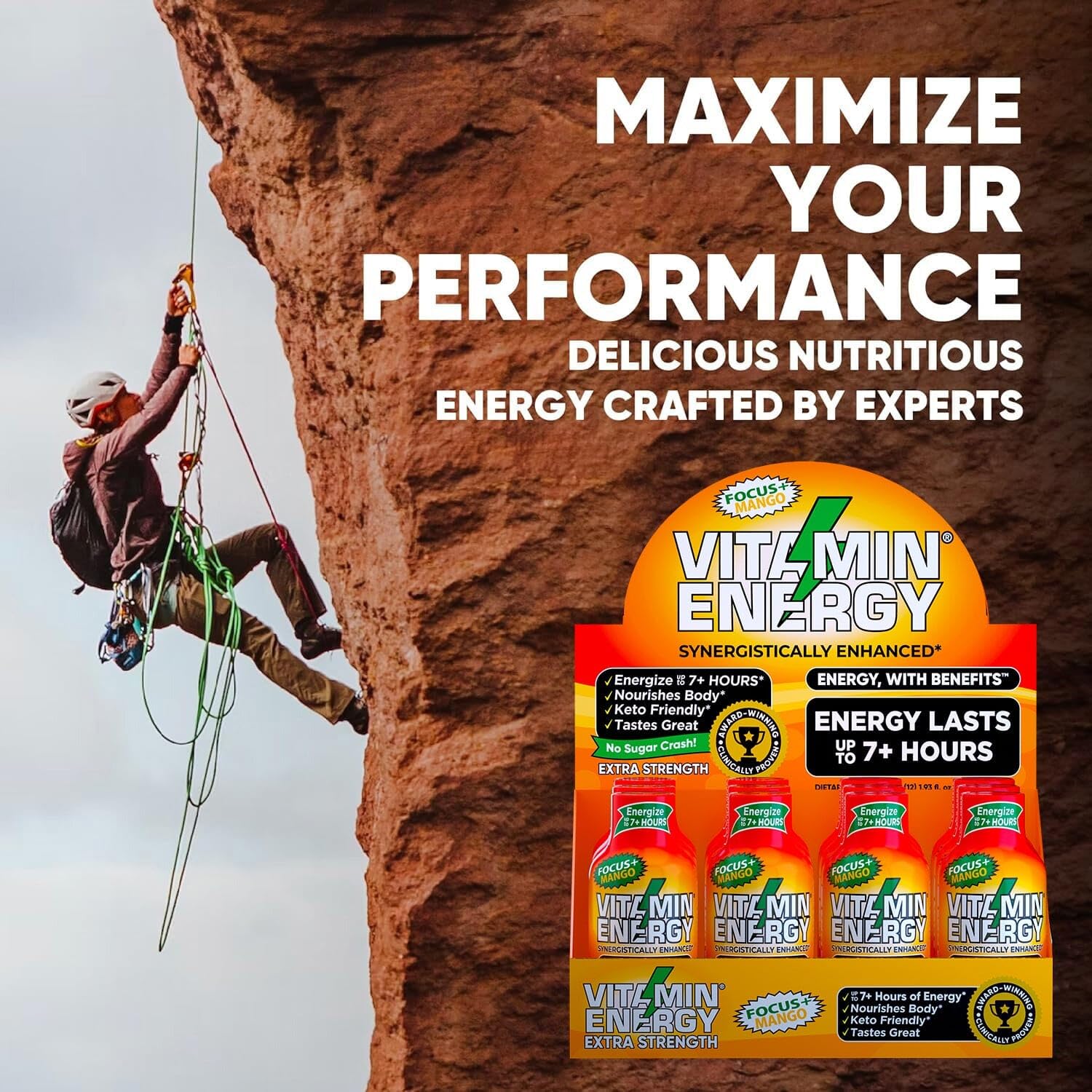 Vitamin Energy packaging highlights gluten-free and vegan-friendly icons.