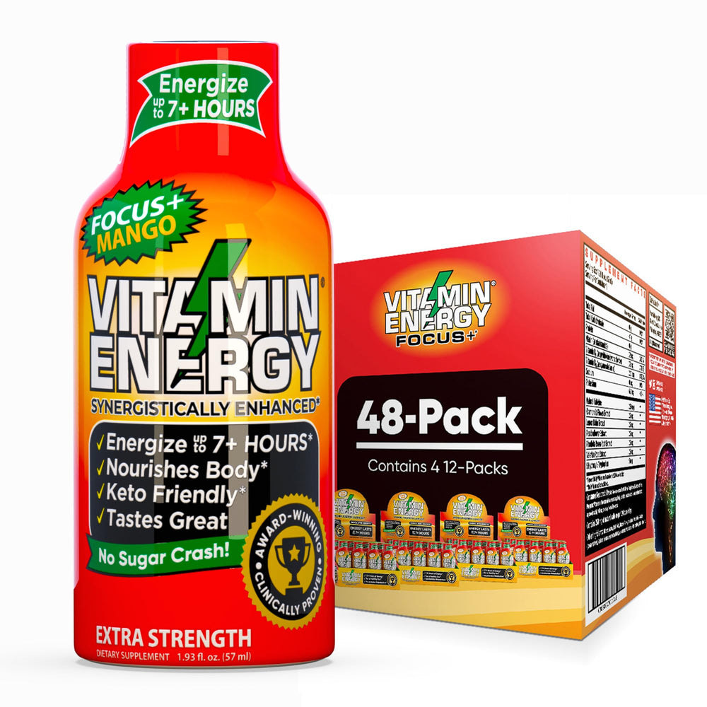 Vitamin Energy Focus+ Mango bottle highlights 260mg caffeine for sustained focus.