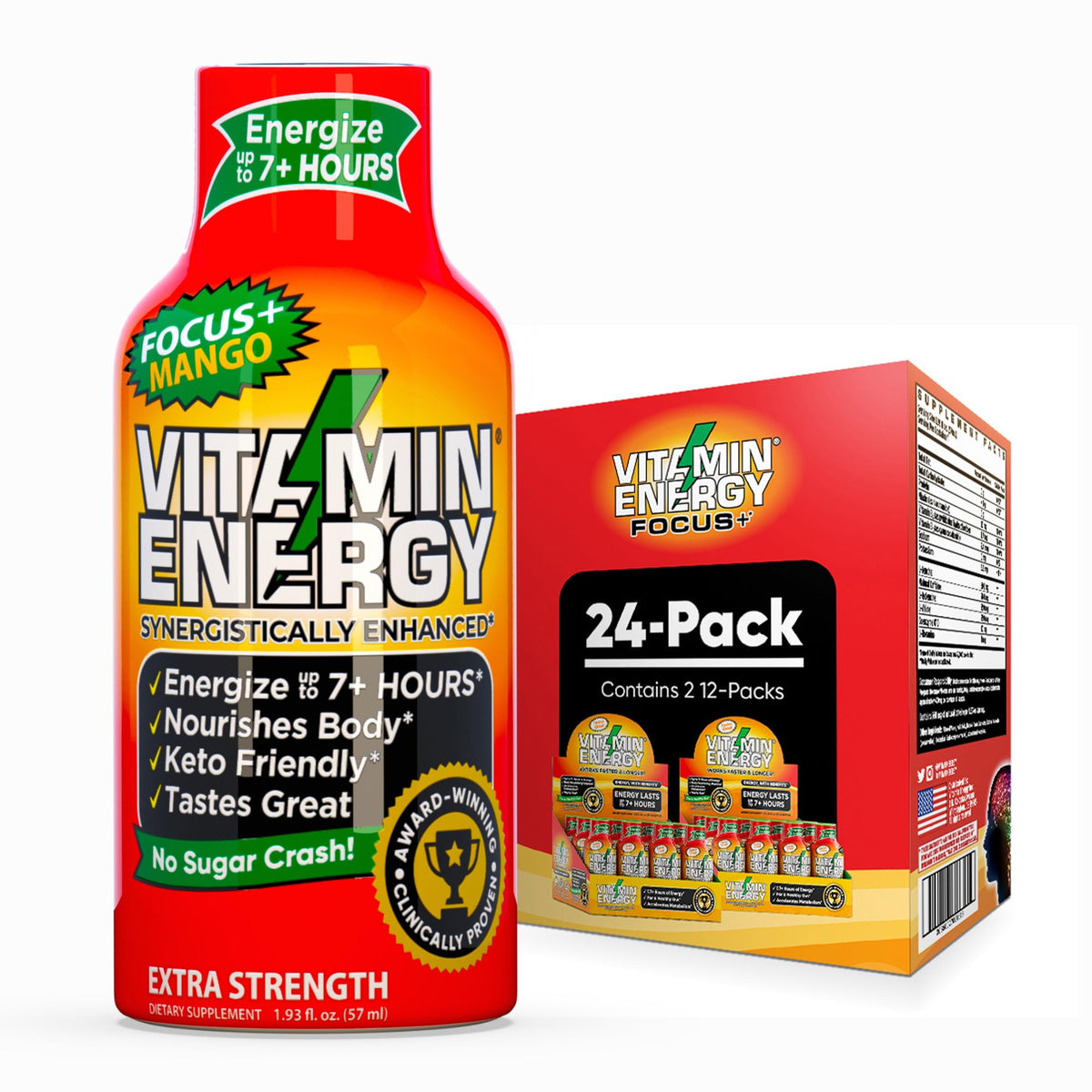 Vitamin Energy Focus Mango bottle showcases a convenient energy shot for on-the-go focus.