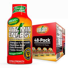 Vitamin Energy Focus+ Mango bottle highlights 260mg caffeine for sustained focus.