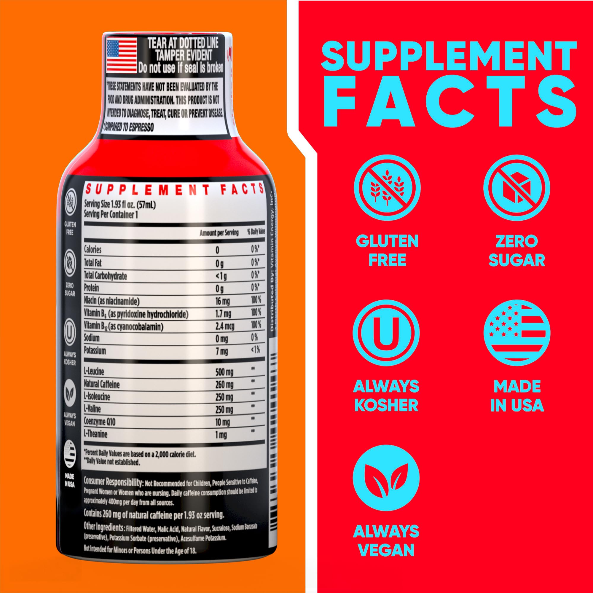 Vitamin Energy Focus+ Mango shot being poured signals quick, on-the-go energy.