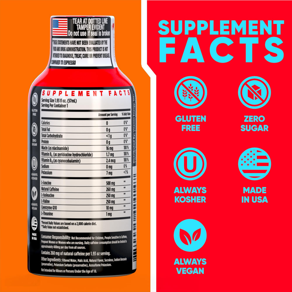 Vitamin Energy Focus+ Mango shot being poured signals quick, on-the-go energy.