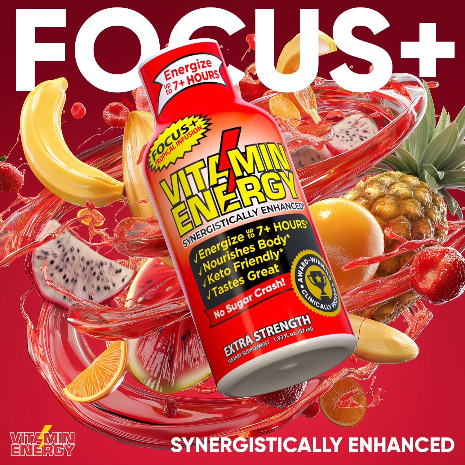 Vitamin Energy Focus+ Tropical Infusion being poured for a sustained energy moment.