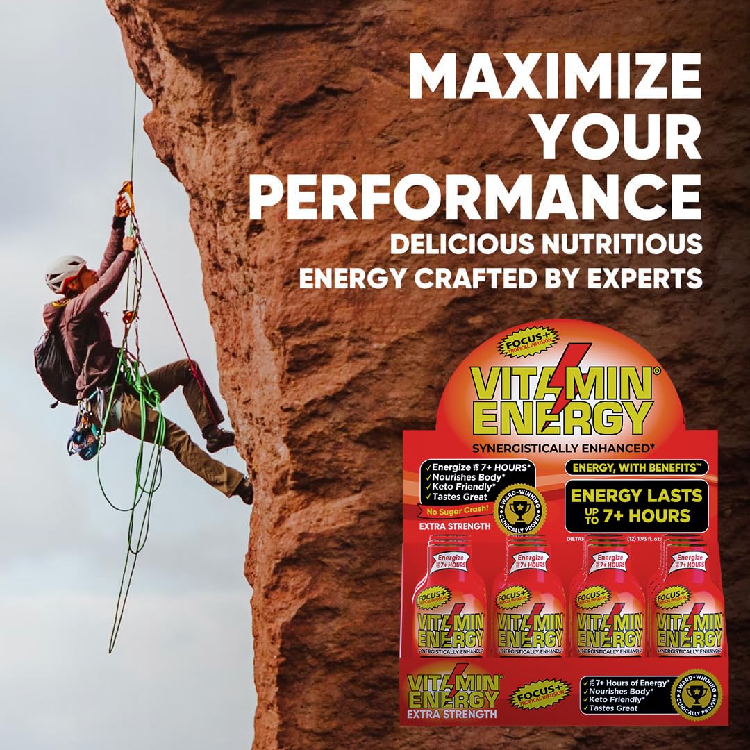 Vitamin Energy Focus+ Tropical Infusion shelf display evokes portable energy for work.