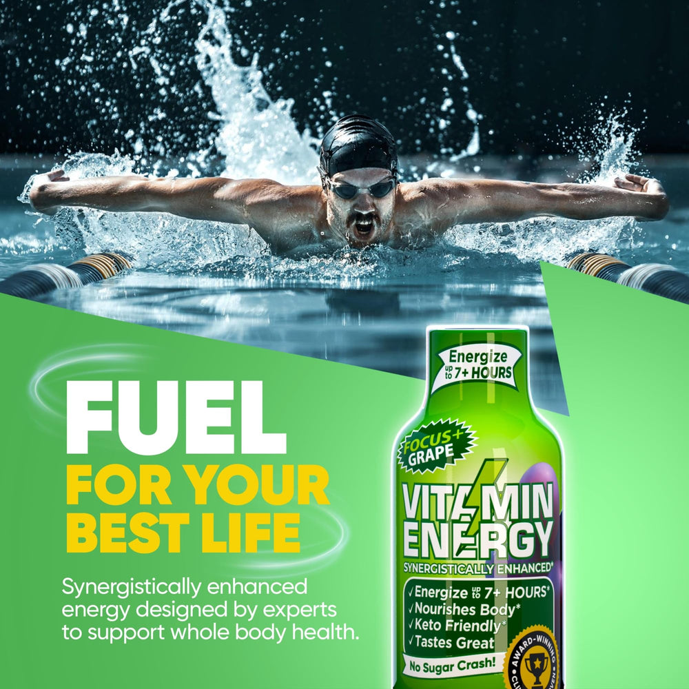 Vitamin Energy grape shot on glass emphasizes vegan gluten free formula