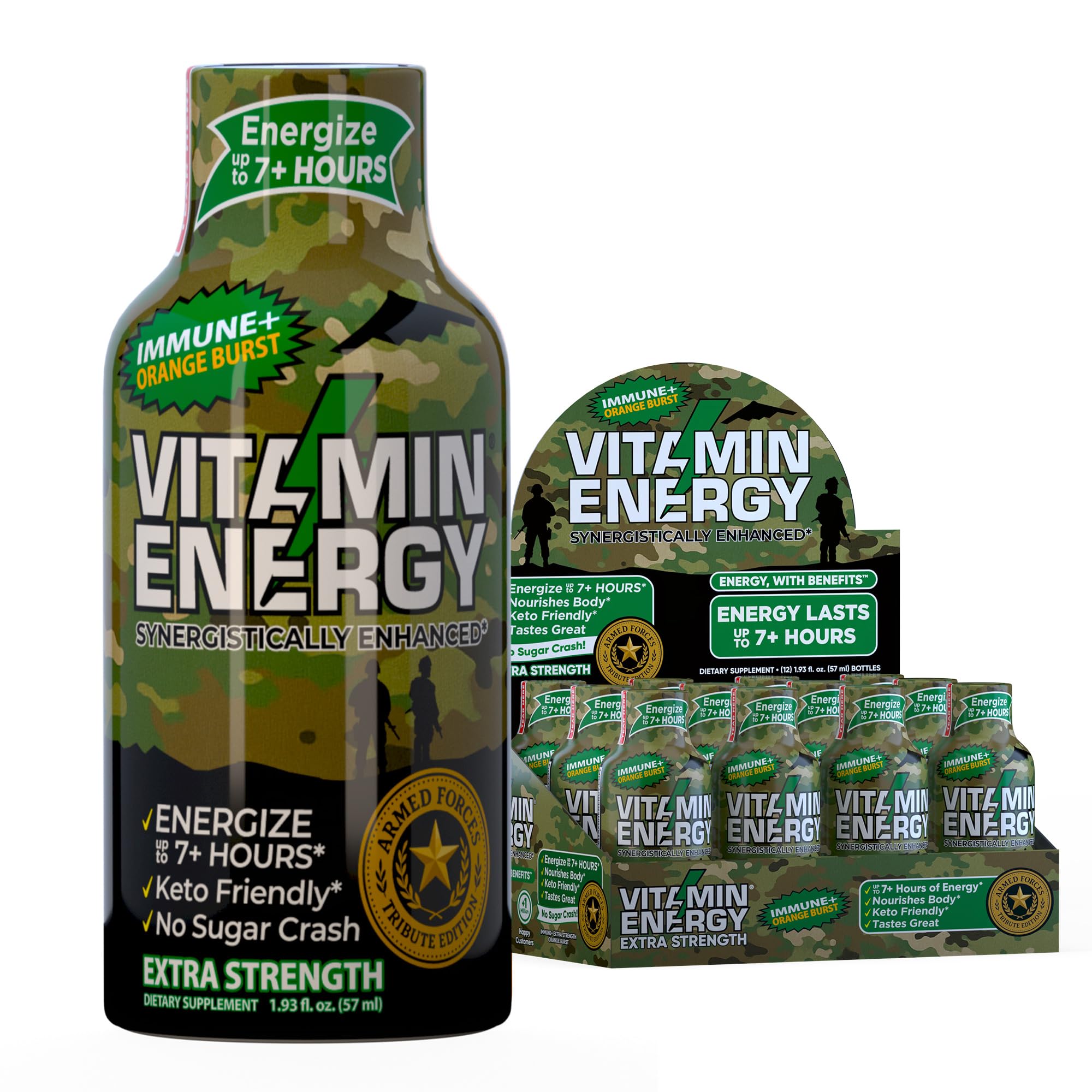 Vitamin Energy Immune+ Army Orange energy shot bottle – front view