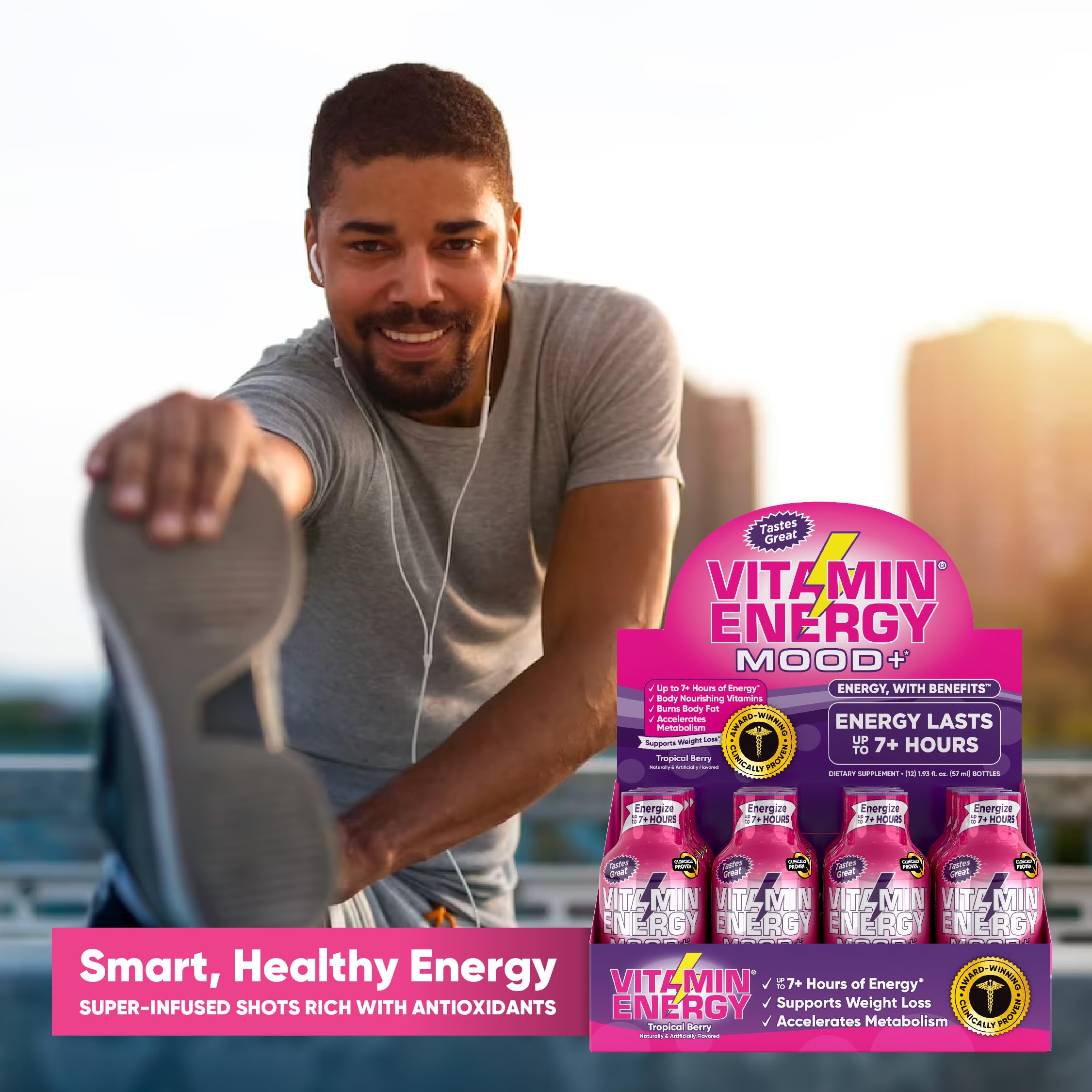 Vitamin Energy Mood+ bottle with glass of water for a quick lift