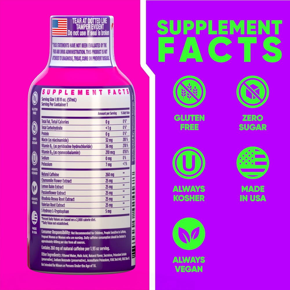Vitamin Energy Mood+ Extra Strength Energy Shot Tropical Berry label closeup highlights natural caffeine content