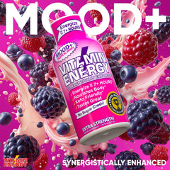Vitamin Energy Mood+ Extra Strength Energy Shot Tropical Berry glass served for on-the-go focus