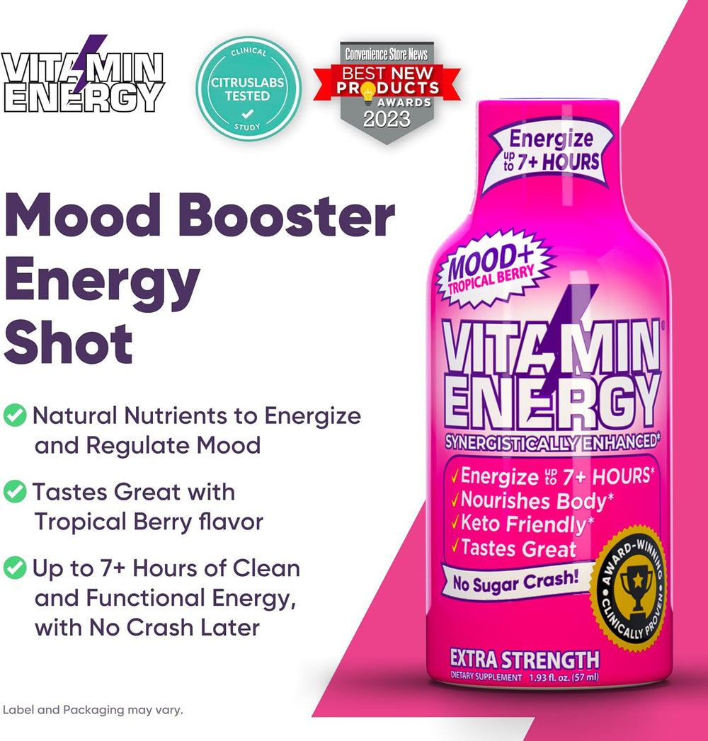 Vitamin Energy Mood+ Extra Strength Energy Shot Tropical Berry mood wellness moment for quick motivation
