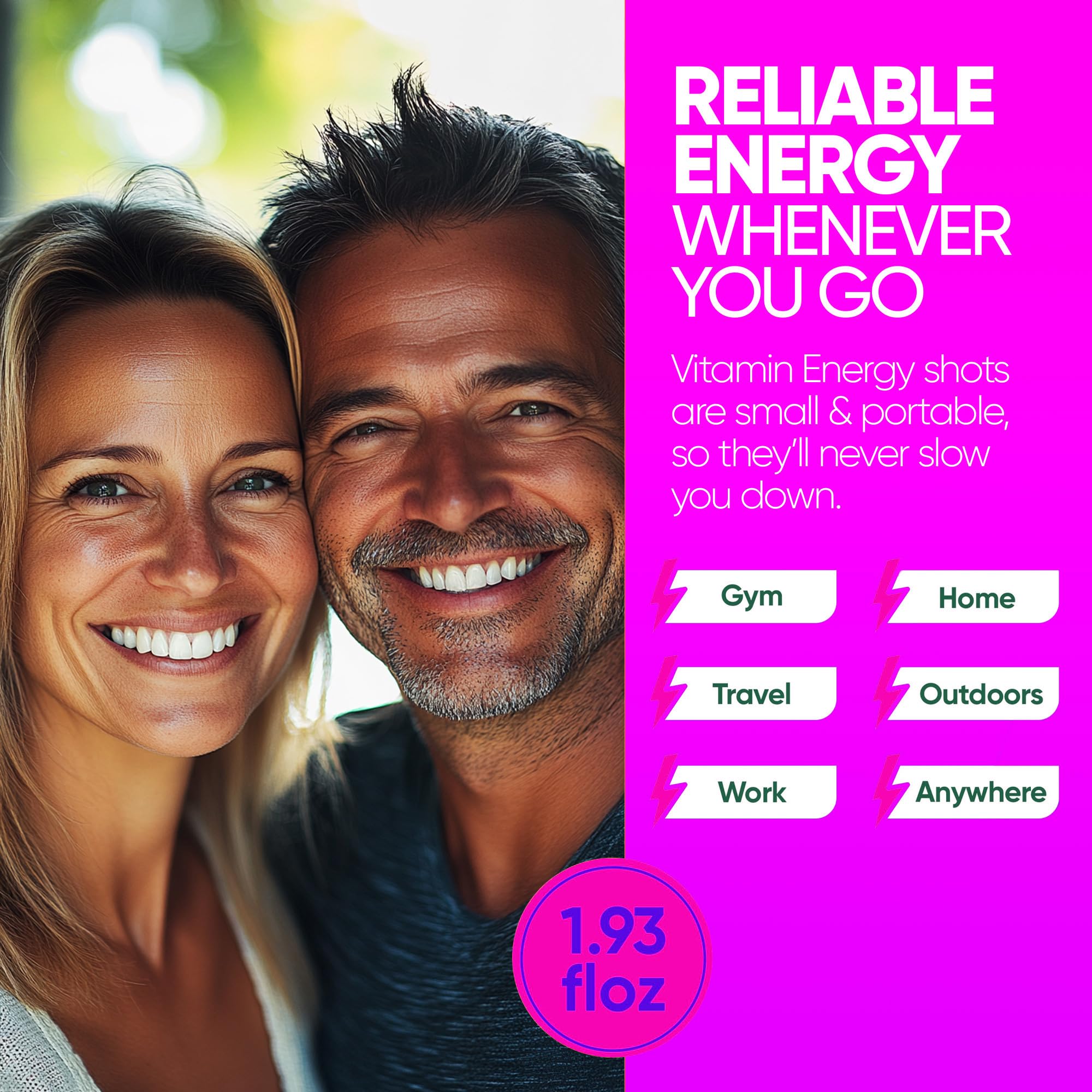 Vitamin Energy Mood+ Extra Strength Energy Shot Tropical Berry pack display demonstrates convenient daily use